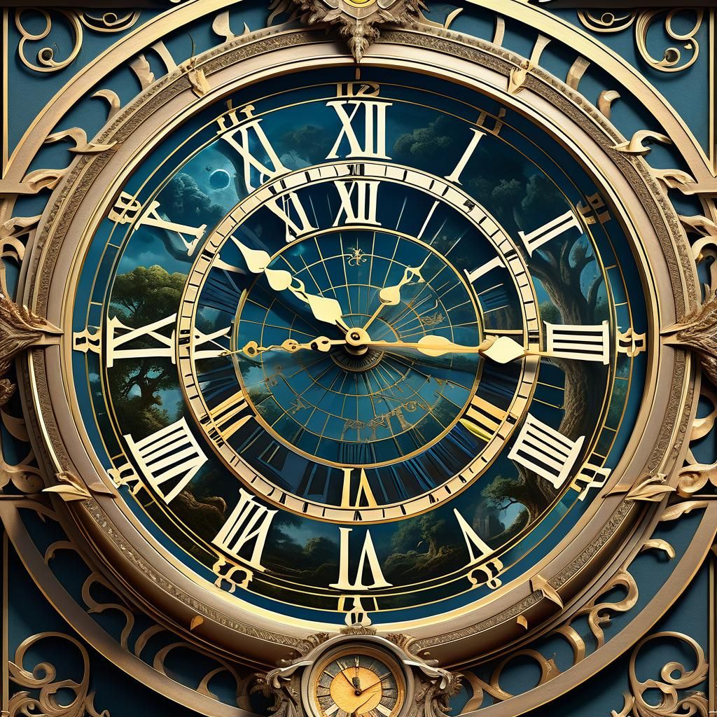 Yggdrasil, in the Style of John Augustus Knapp,, Huge fantastic clock close-up, plan, painting by Hubert Robert. digital...