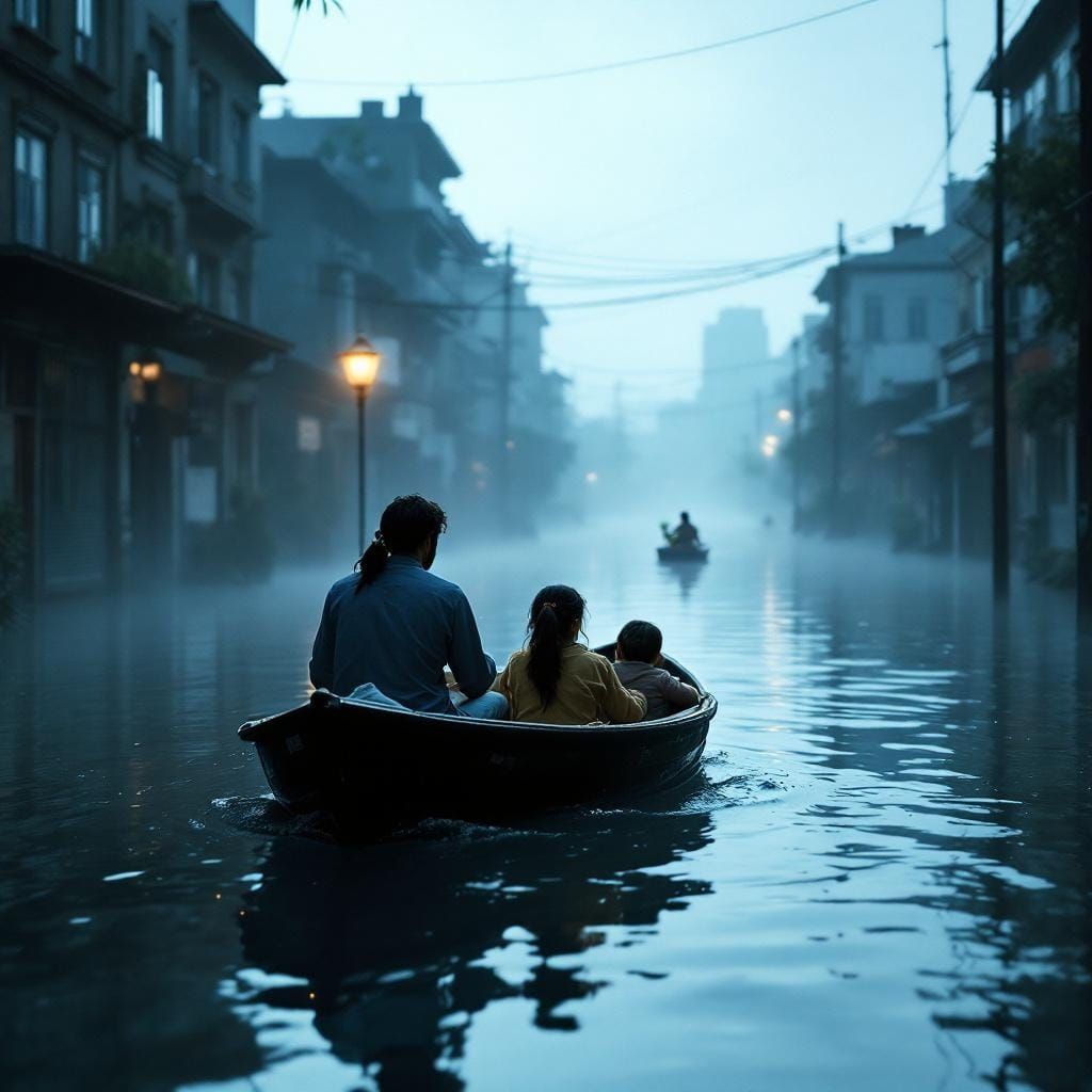 Climate Refugees Escape Sinking City in Photorealistic Art