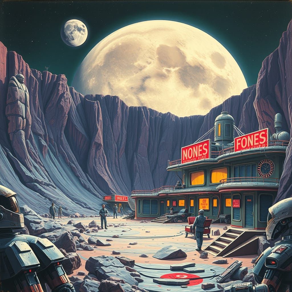 Retro-Futuristic Lunar Base in Vast Crater with Chrome Accen...