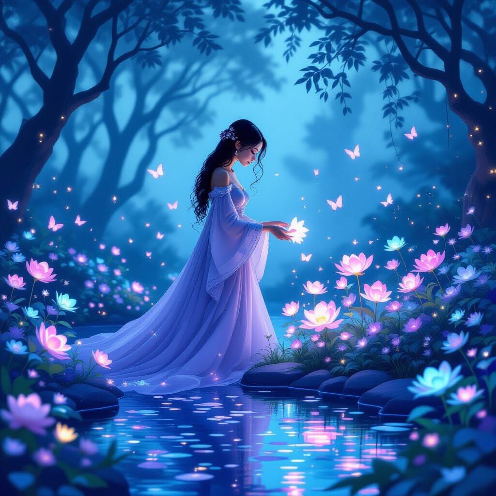 Ethereal Garden Painting with Glowing Flowers and Spirit But...