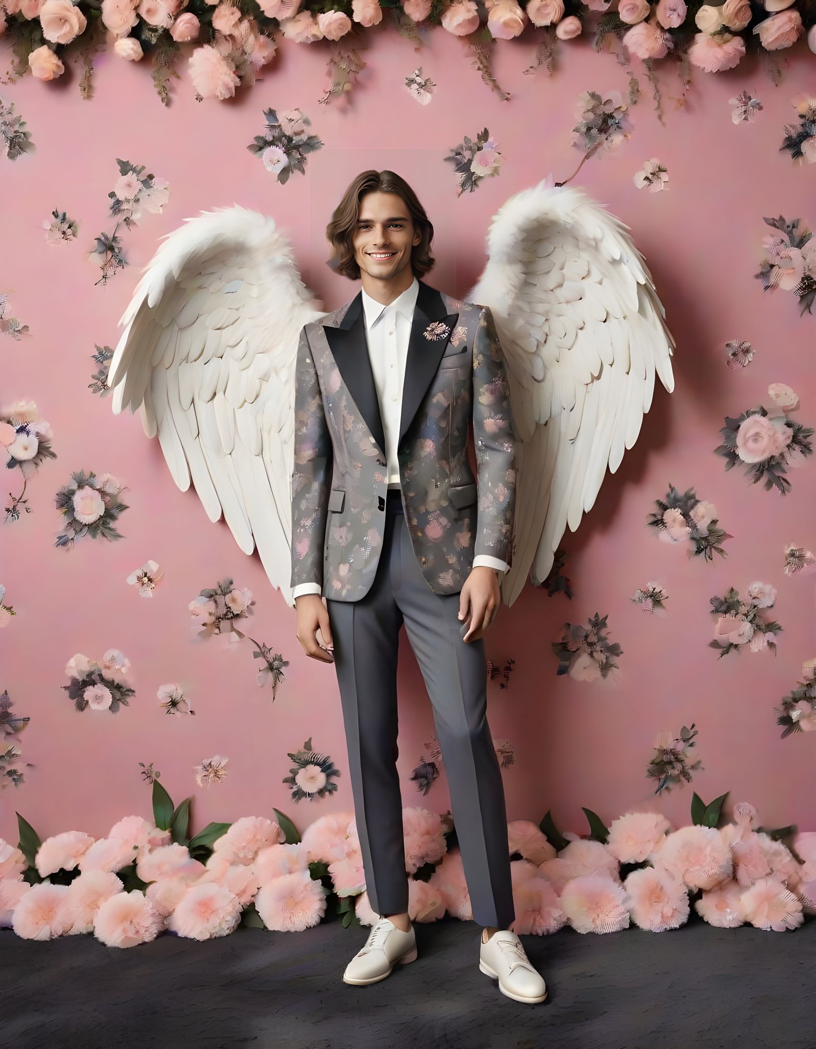 Ethereal Gentleman in Gucci Attire Adorns Floral Oasis