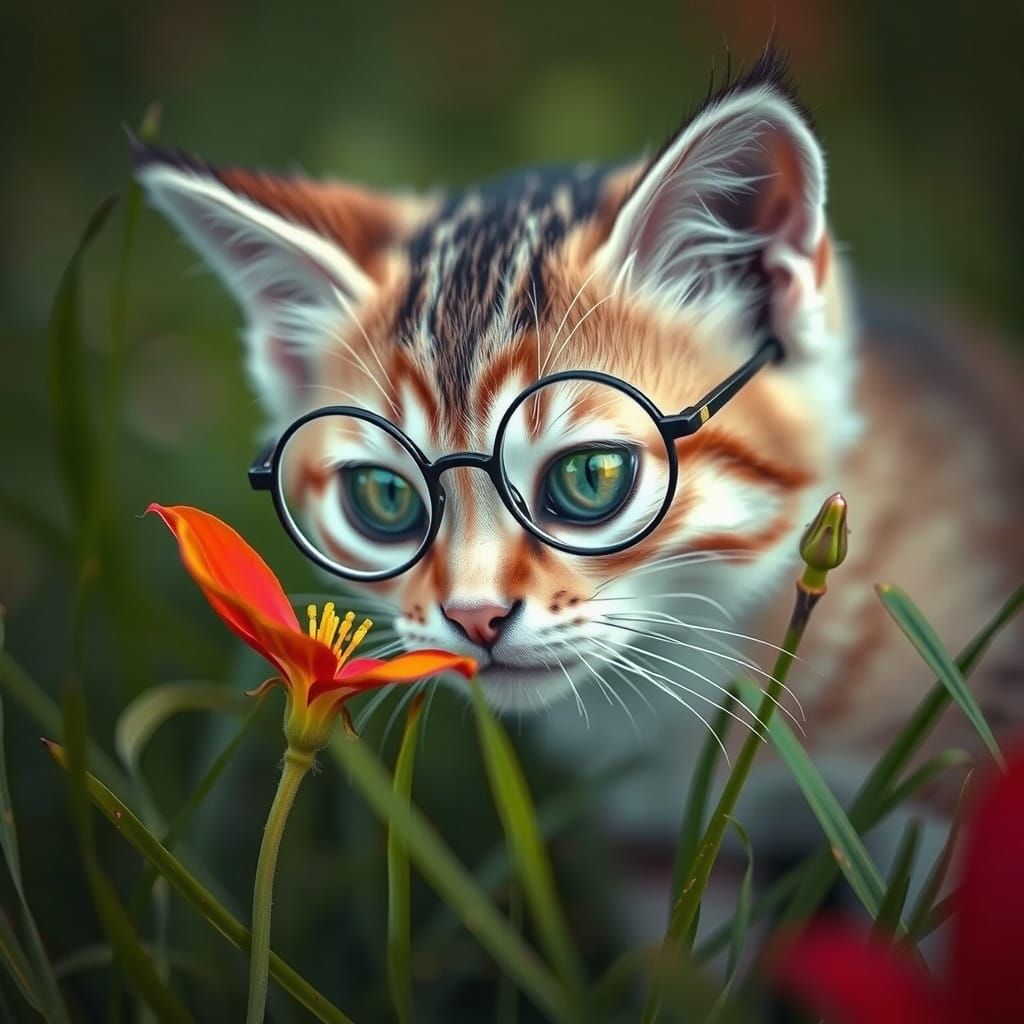 Adorable Kitten in a Prairie with Red Lily, in the Style of....