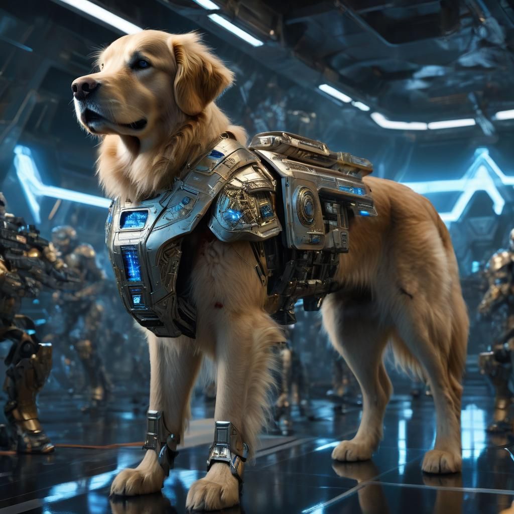 Golden Retriever with blue eyes, dressed as Warhammer 40K, l...