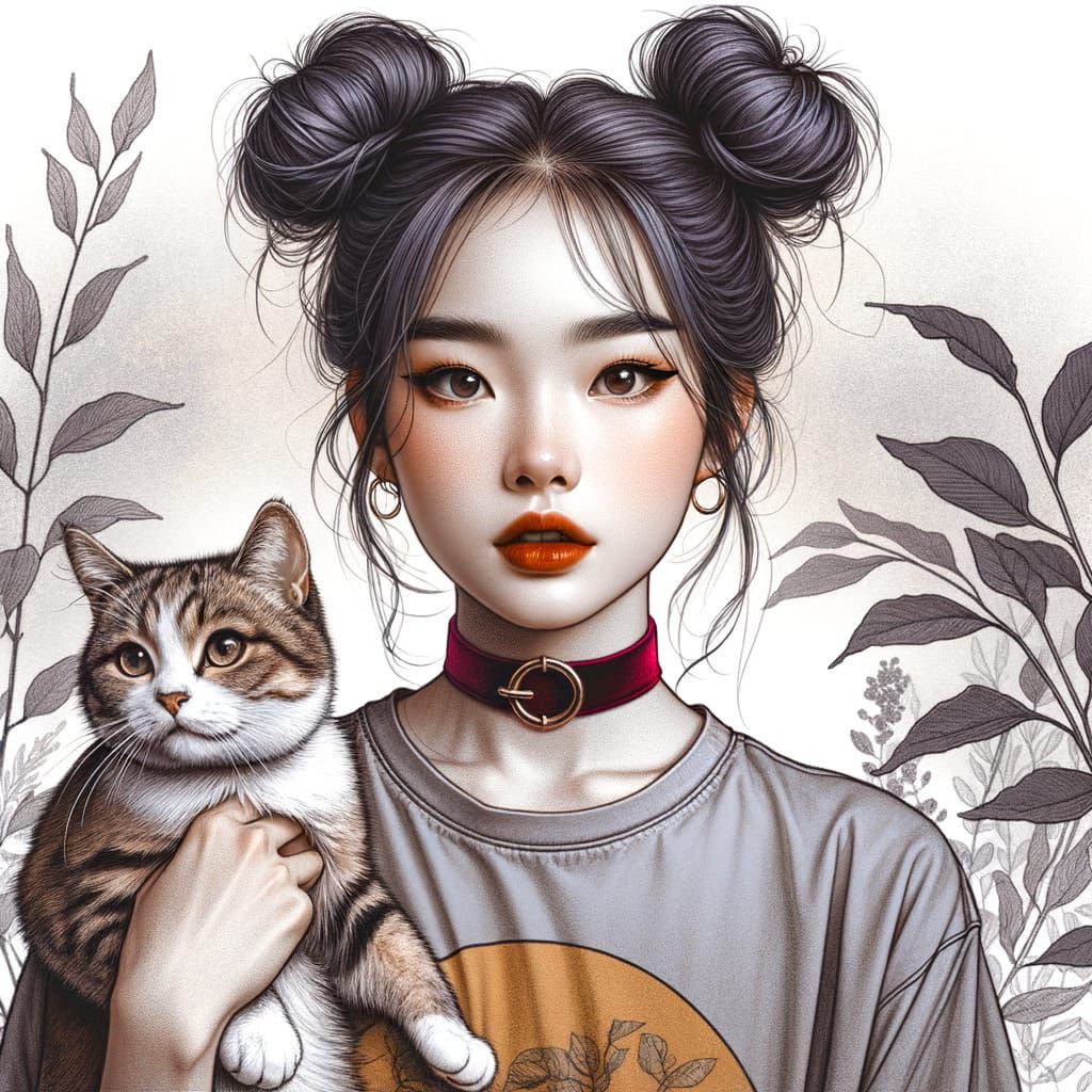 Japanese Woman with Space Buns and Red Choker