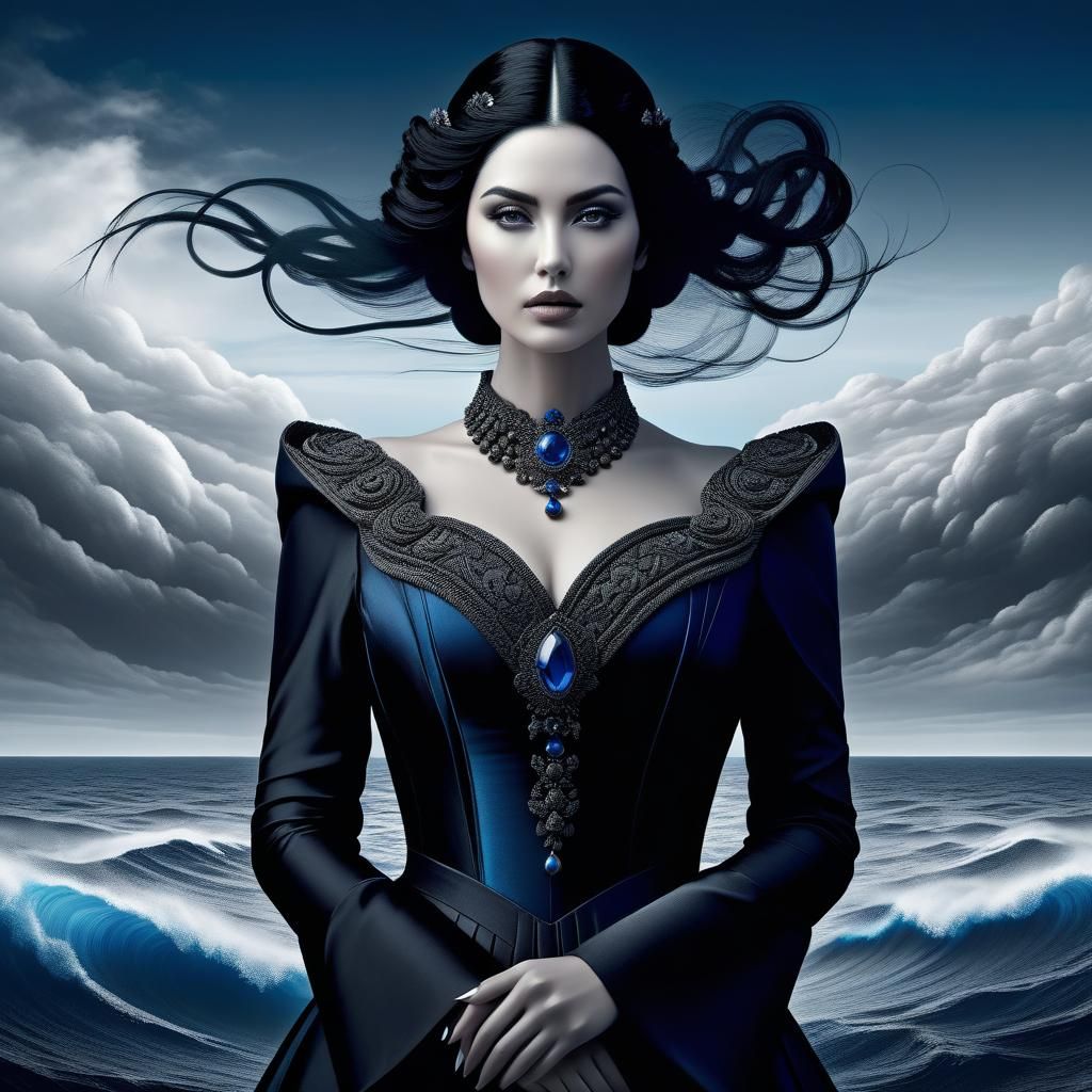 Black and White Surreal Portrait of Woman at Sea