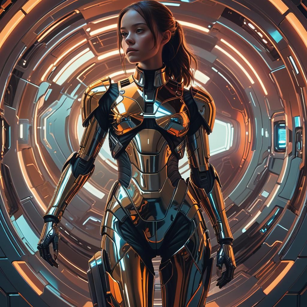 Woman in Exosuit in Metallic Room, Digital Art