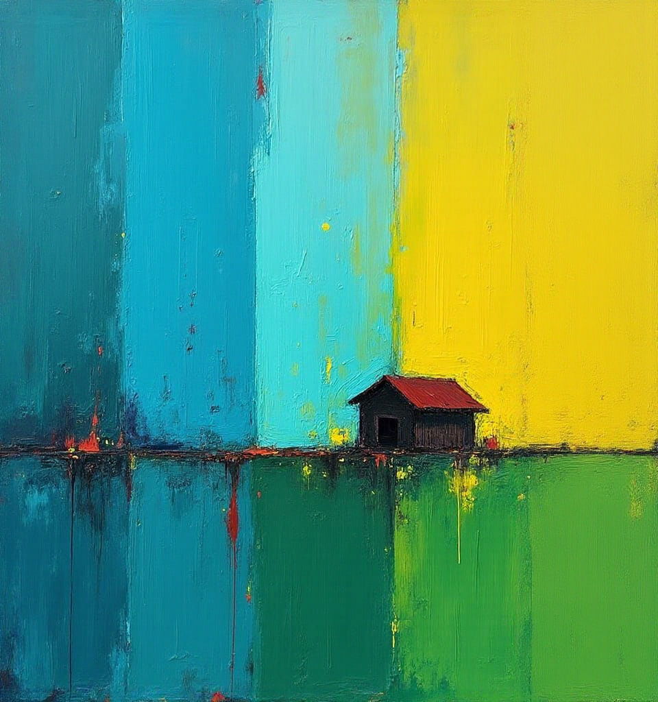 Abstract Brushstroke Painting with Hut Silhouette