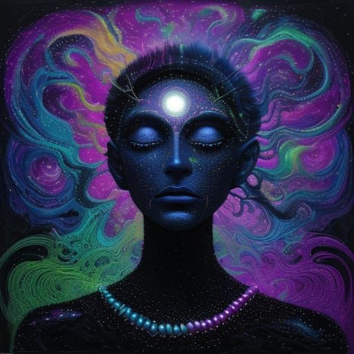 Luminous Woman Dissolving in Cosmic Void: Oil Painting