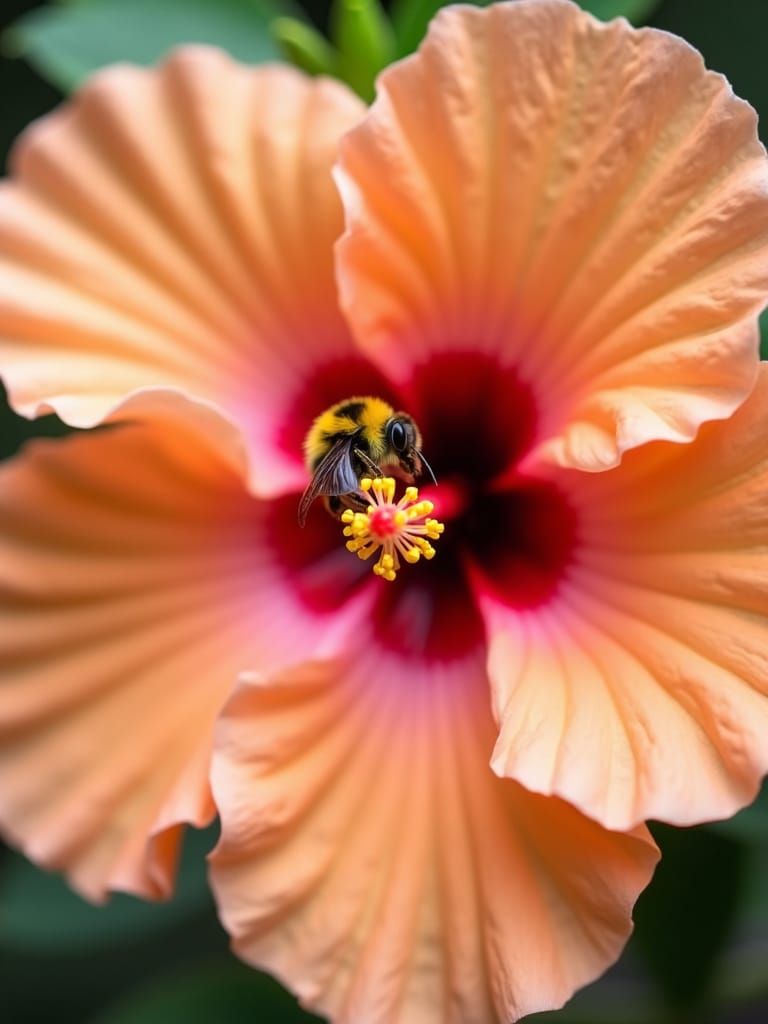 Bee Collecting Pollen from Peach Hibiscus Flower