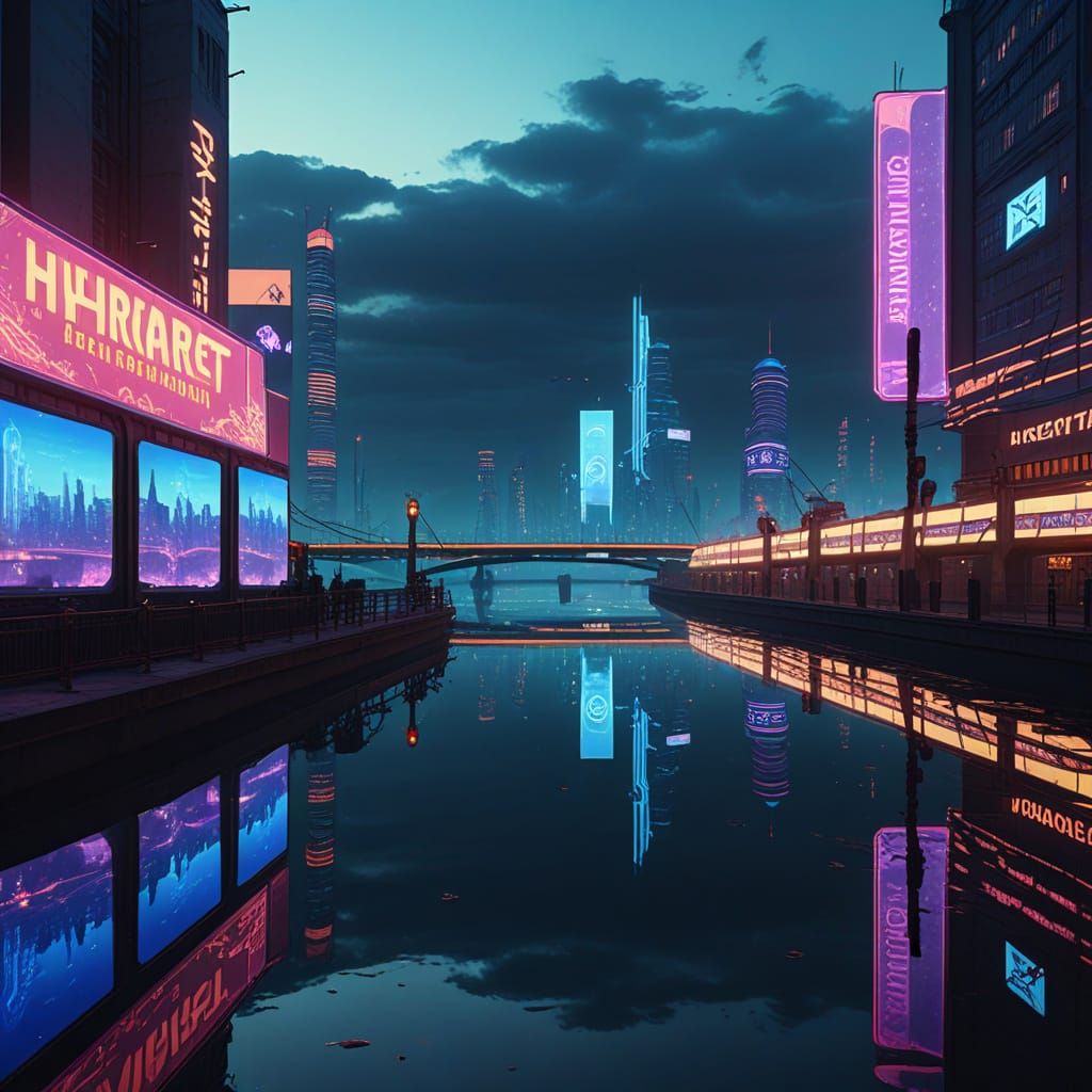 Cyberpunk Margaret Bridge in Budapest Shines with Neon Light...