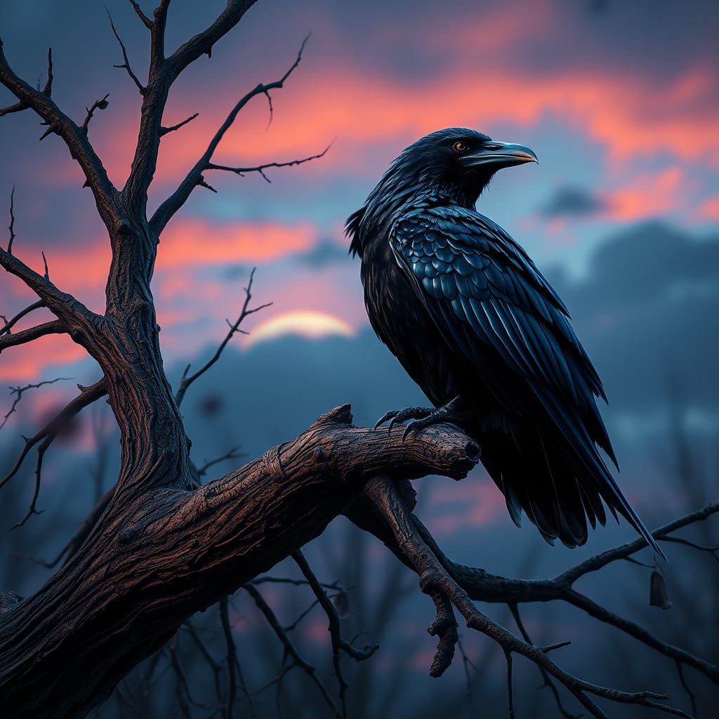 Raven on Willow Branch in Fantasy Concept Art Style