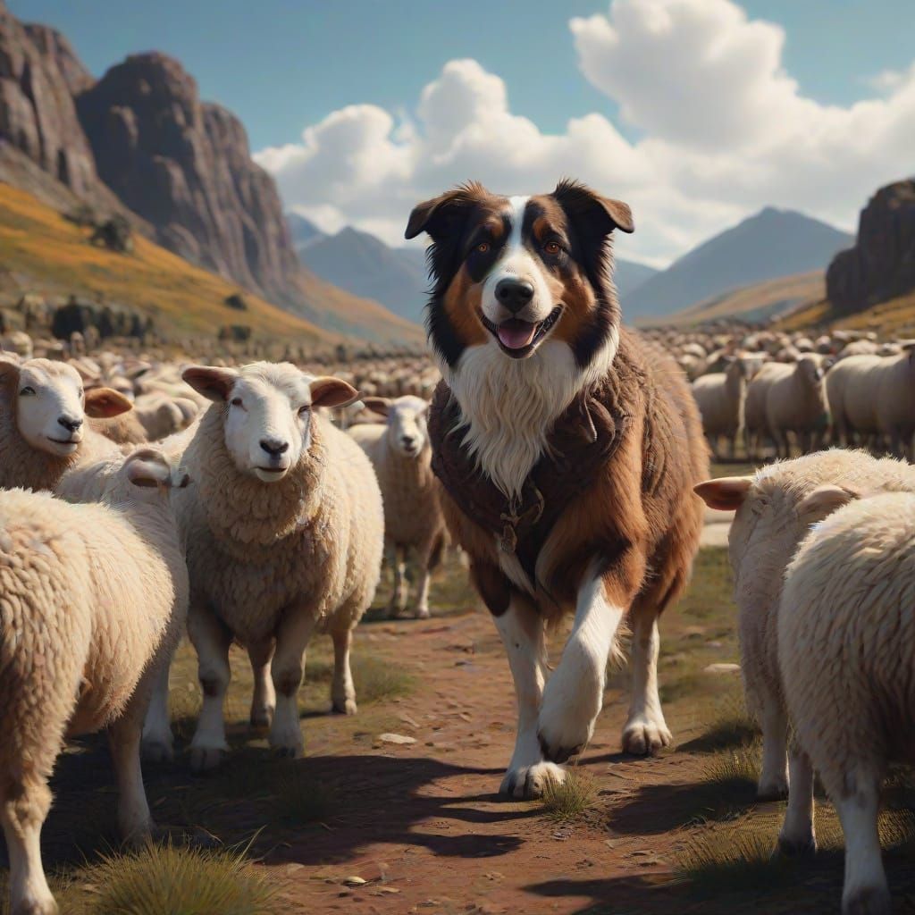 Shepherd Dog Tending to Flock in Vibrant Fantasy Landscape