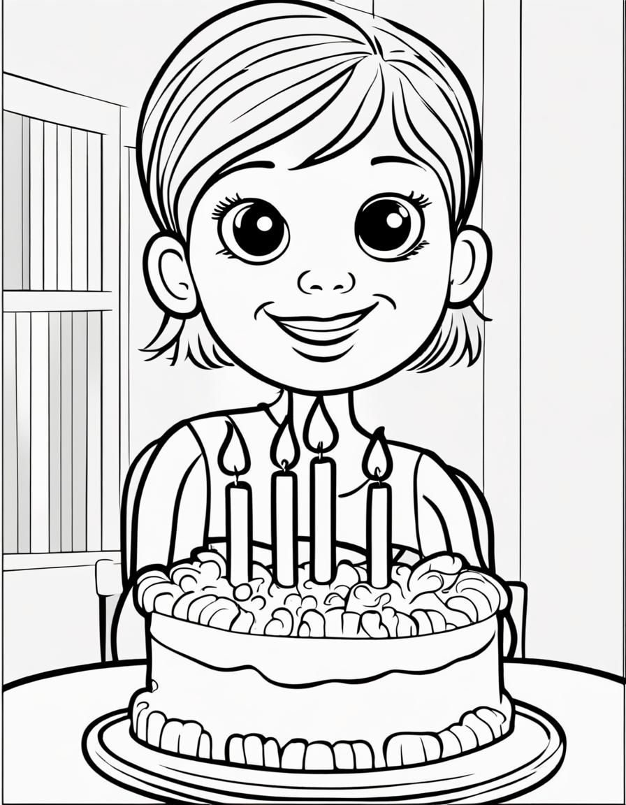 Girl and Birthday Cake: Simple Coloring Book Outline