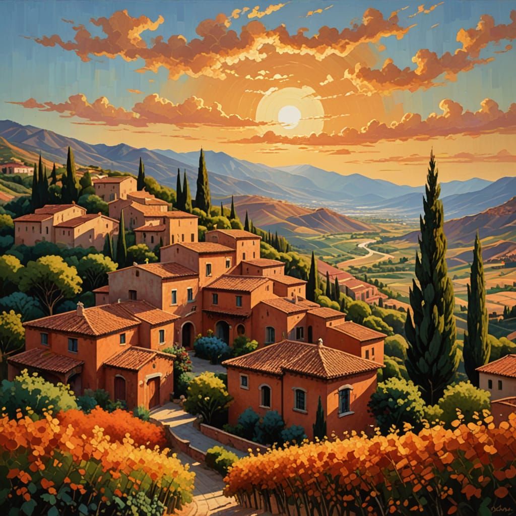 Impressionist Spanish Village in Warm, Earthy Tones