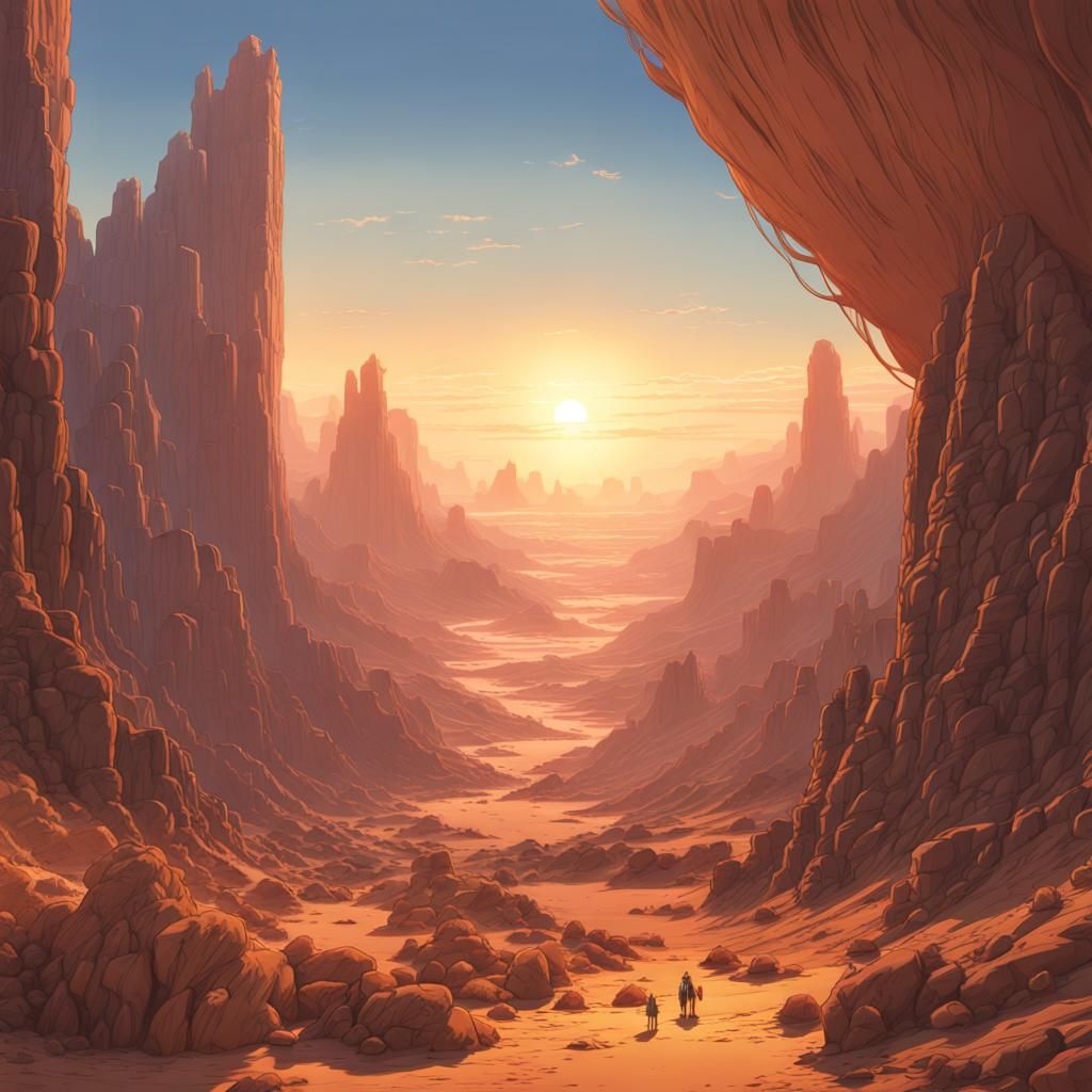 Alien Desert Canyon Sunset in Ghibli Anime Style