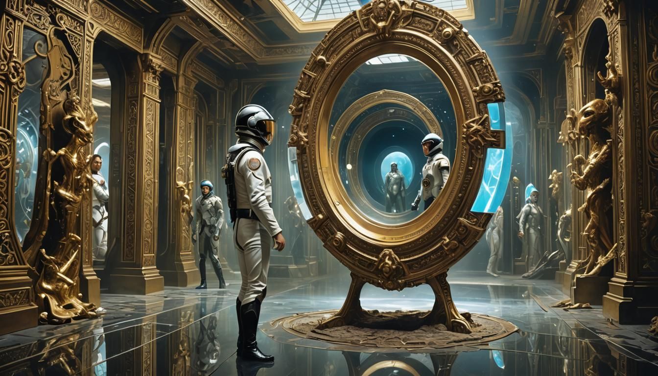 Infinite Mirror Portal with Cyberpunk Creature