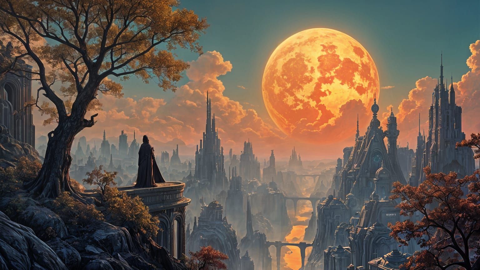 Futuristic Art Nouveau City Under Dark Moon