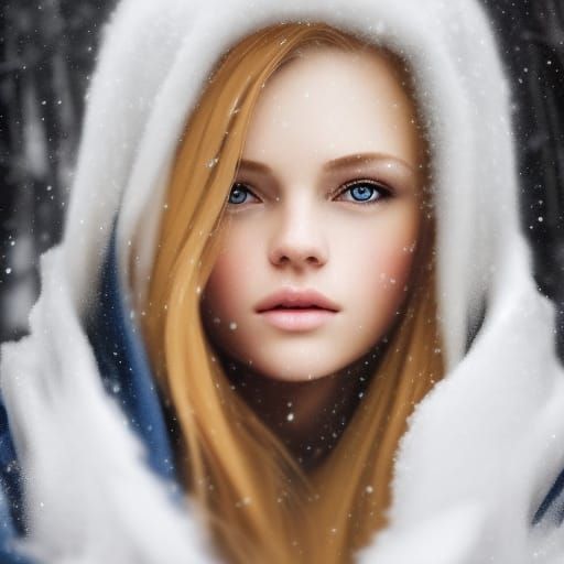 Blonde Girl Portrait in Snowy Woods, Digital Art