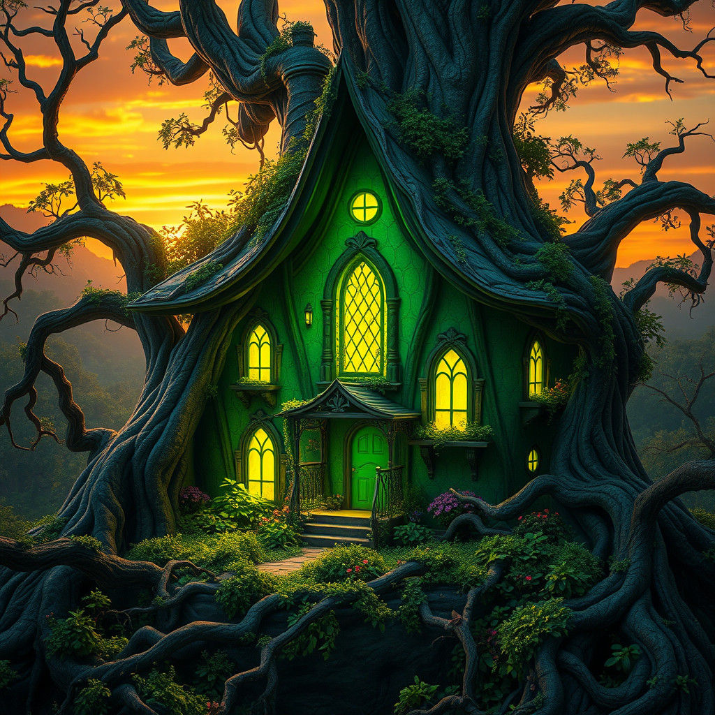 Mystical Glowing Green House in Fantasy Style