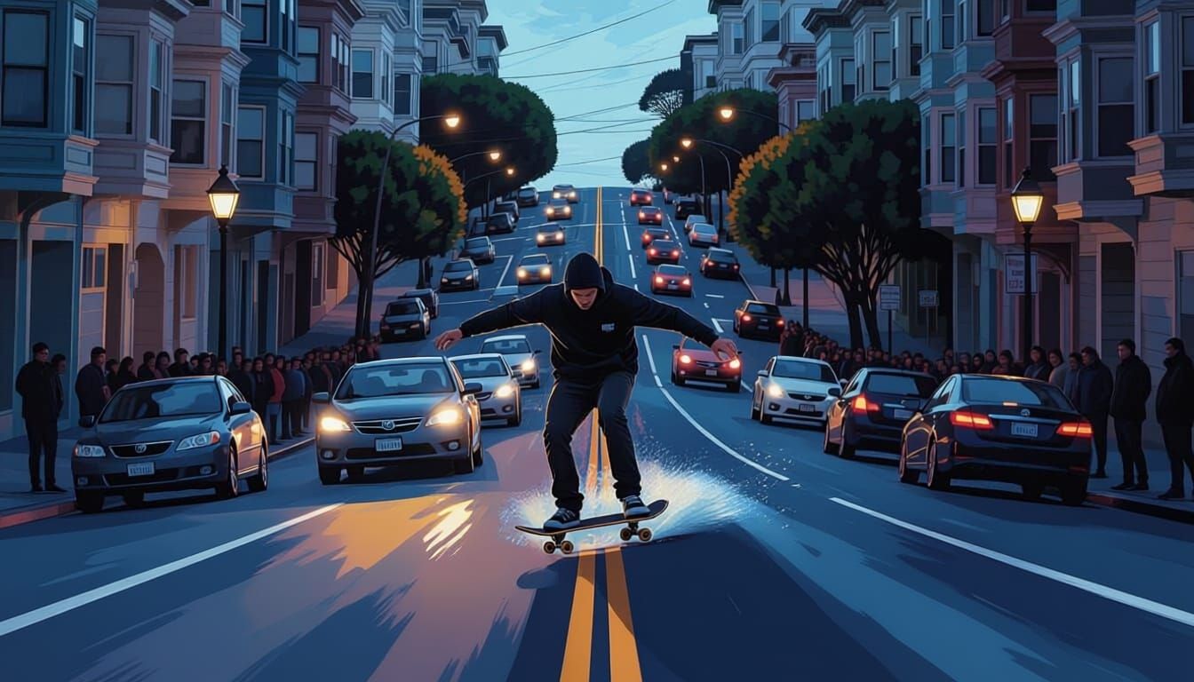 Skateboarder Races Down Steep San Francisco Hill
