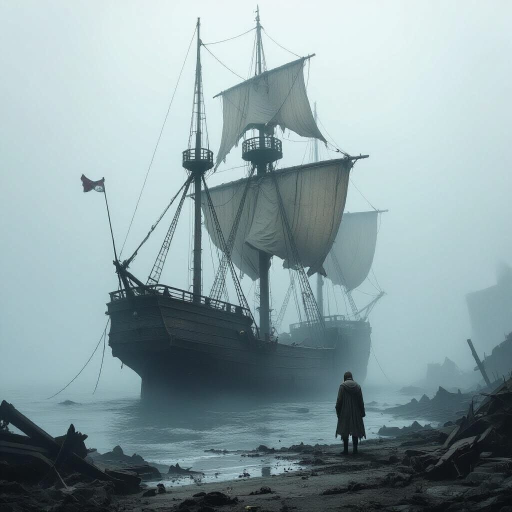 Fog-Shrouded Shipwreck in Dramatic Lighting