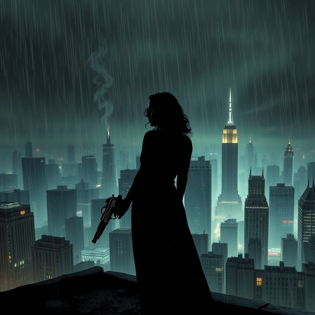 Femme Fatale on Rooftop Overlooking Post-Apocalyptic City