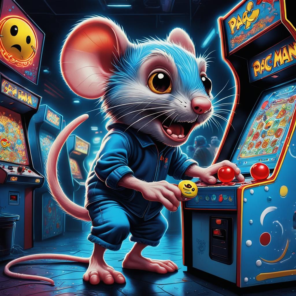 Rat Fink Mouse Plays Pac-Man in Psychedelic Arcade