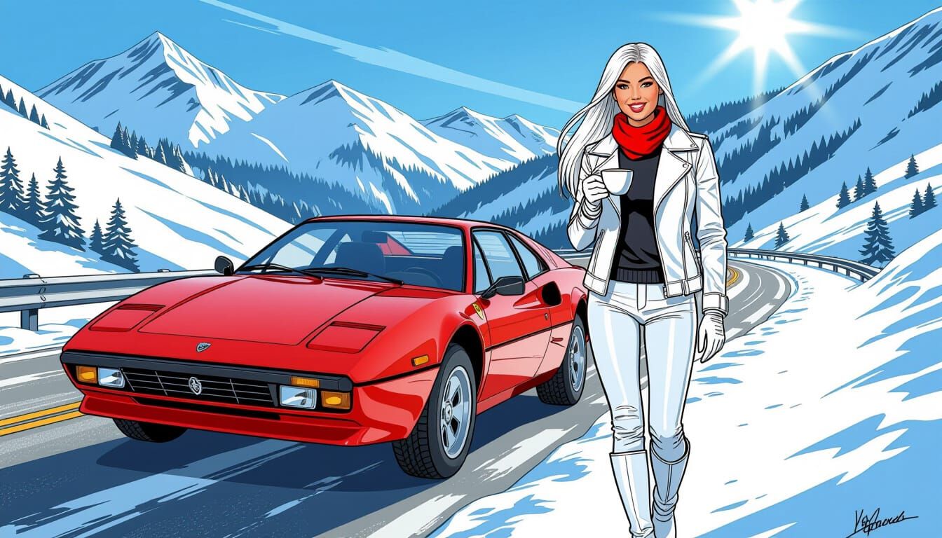 Snowy Mountain Road Trip in Comic Art Style