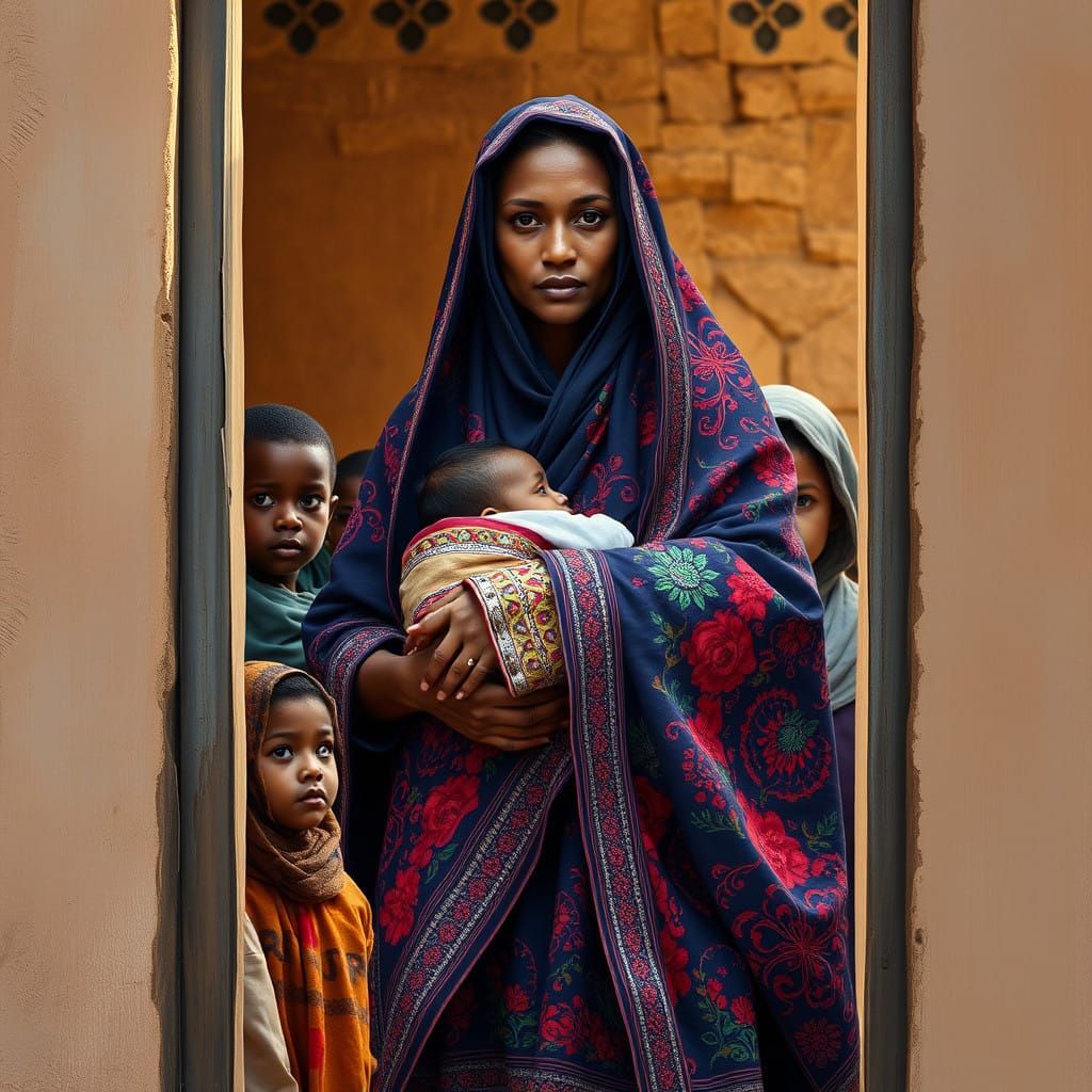 Palestinian Mother Surrounded by Diverse Children in Vibrant...