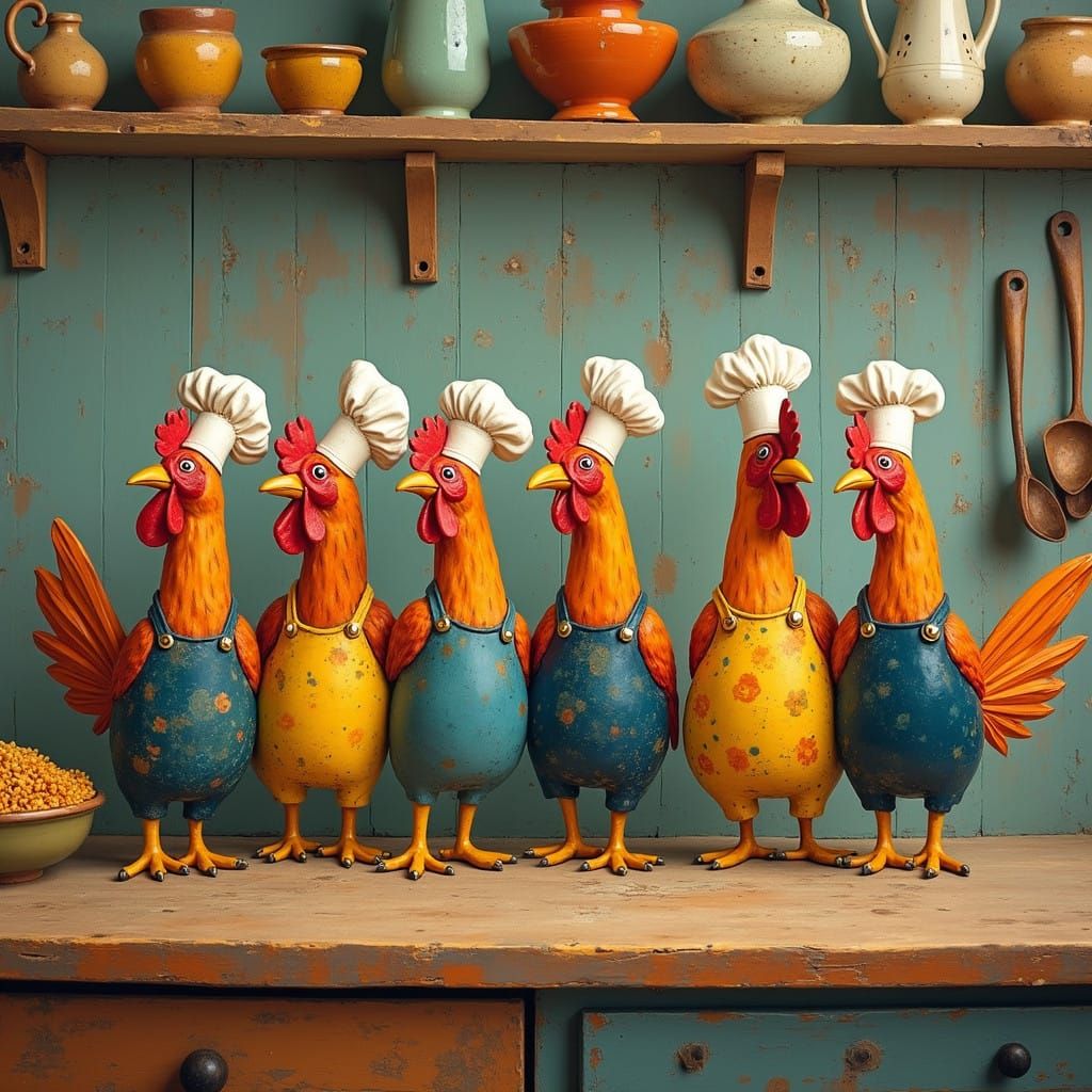 Vibrant Roosters Dance in Whimsical Kitchen Scene