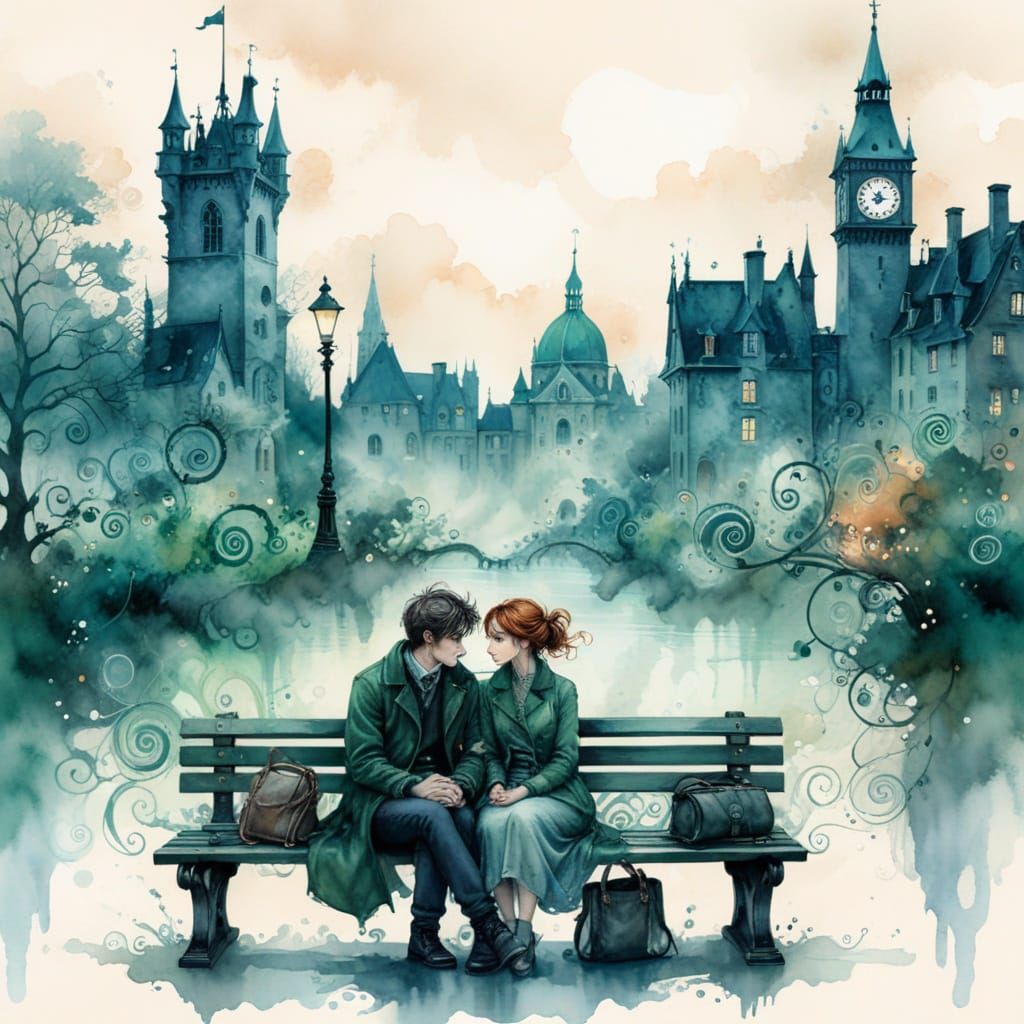 A couple on a bench, Natasha Wescoat and Willem Haenraets