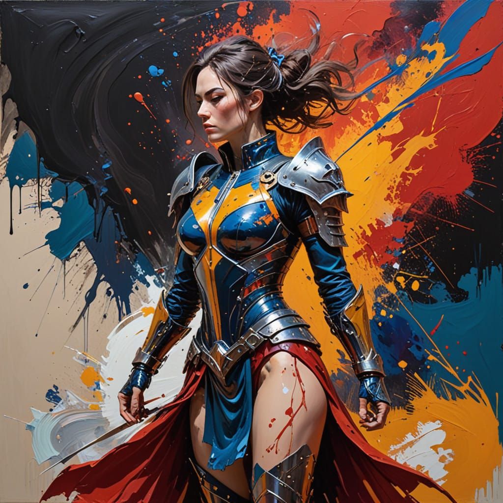 Fierce Female Warrior in Vibrant, Abstract Acrylic Style