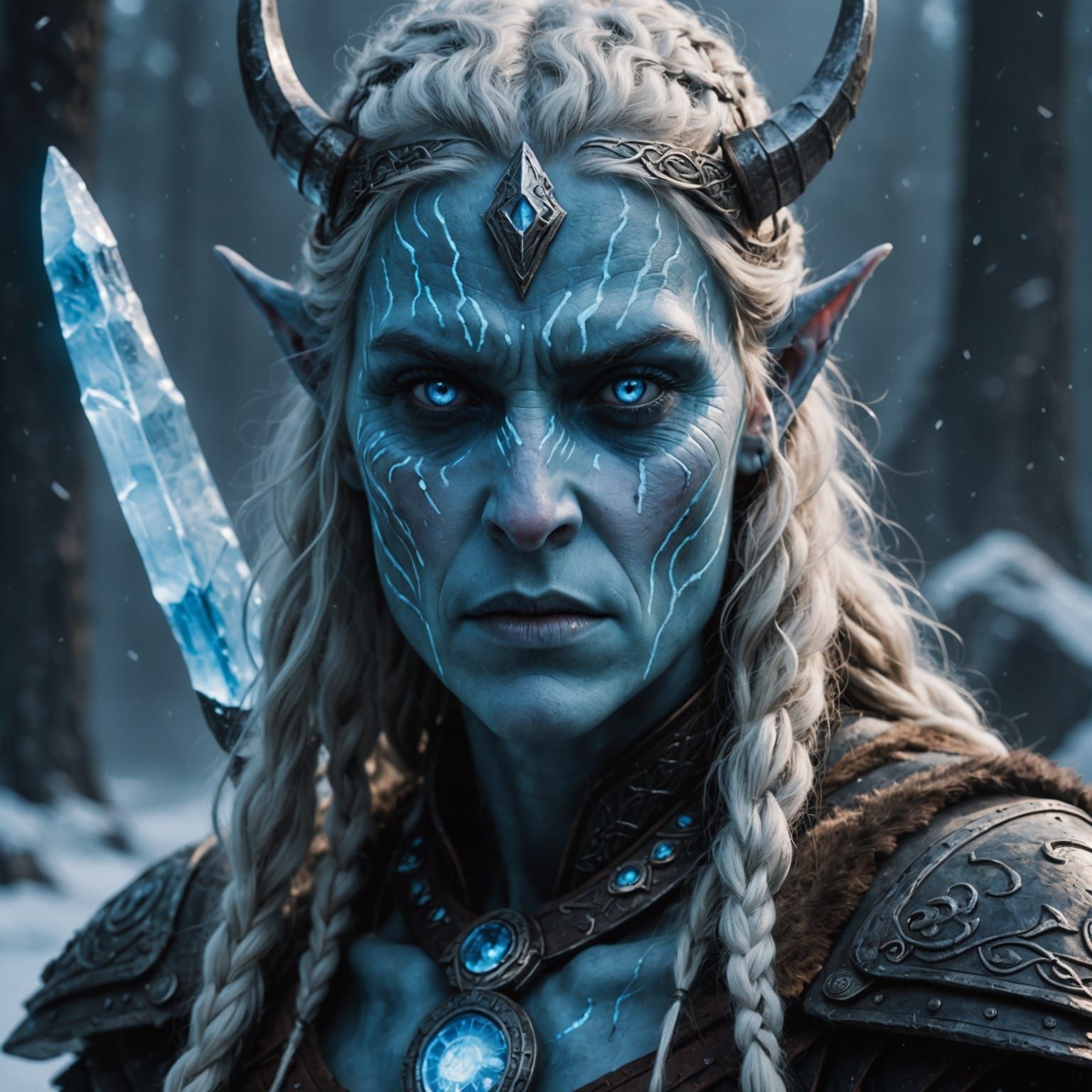 an eerie portrait of a Norse female ice giant with glowing b...