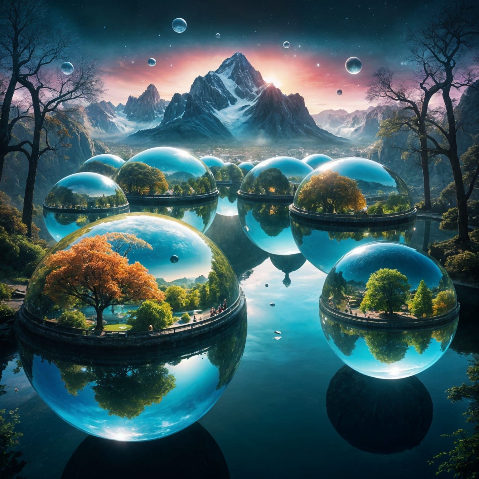 Nature Orbs Floating Over Cityscape