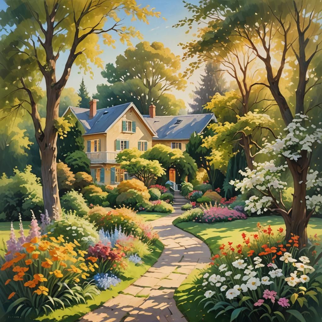 Idyllic House and Garden in Impressionist Landscape