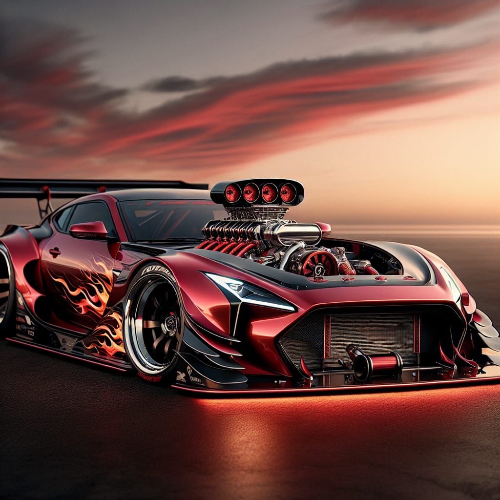 Red Widebody Sports Car at Sunset