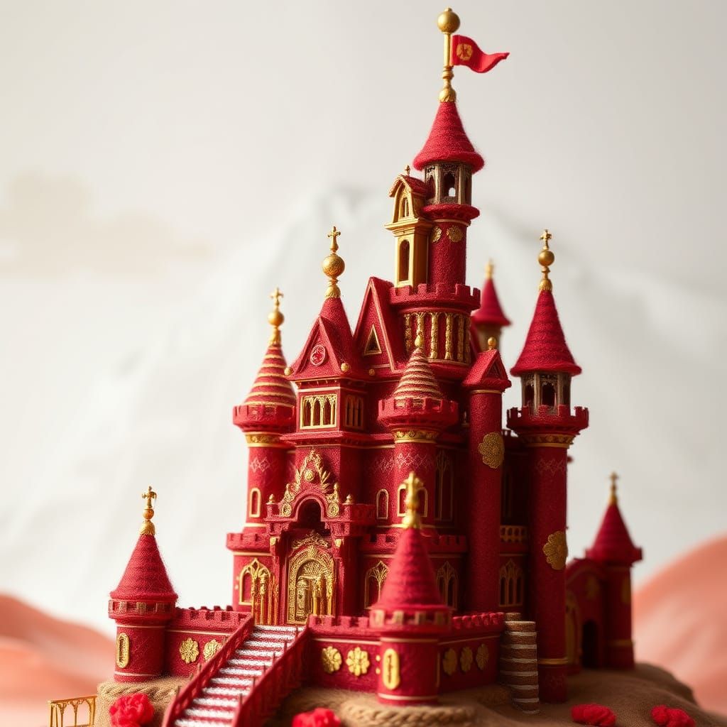 Needle Felted Castle in Vibrant Red and Gold