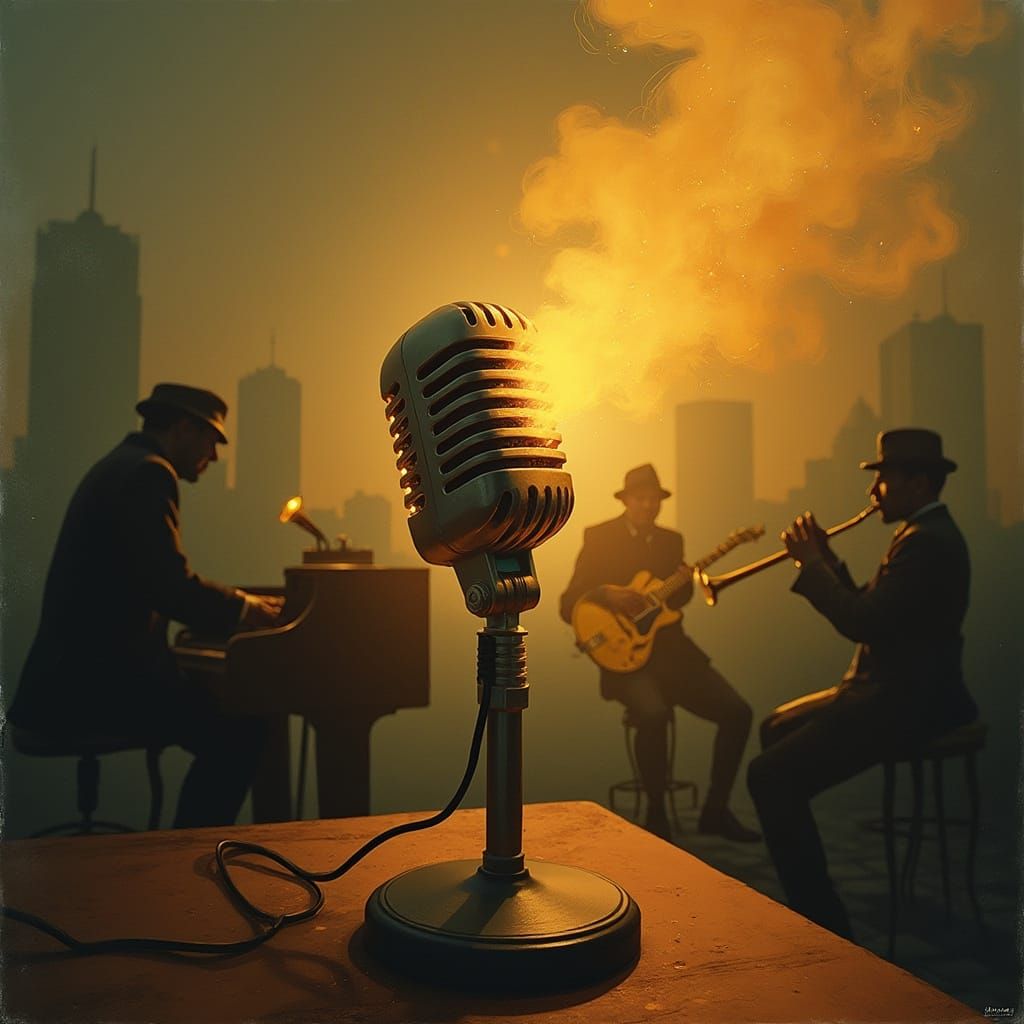 Vintage Jazz Scene Vinyl Record Cover Art in Warm, Golden Li...