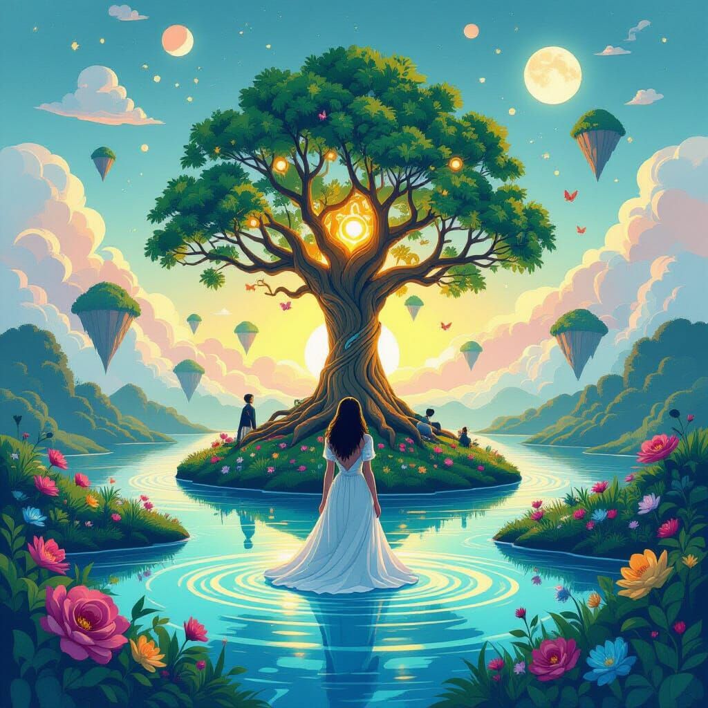 Lush Landscape with Serene Woman in 3D Watercolor Style