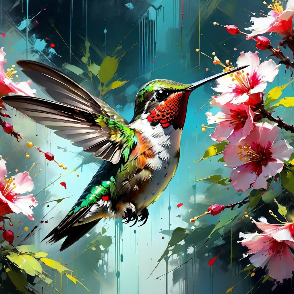 Hummingbird in Flight Near Blossoming Tree