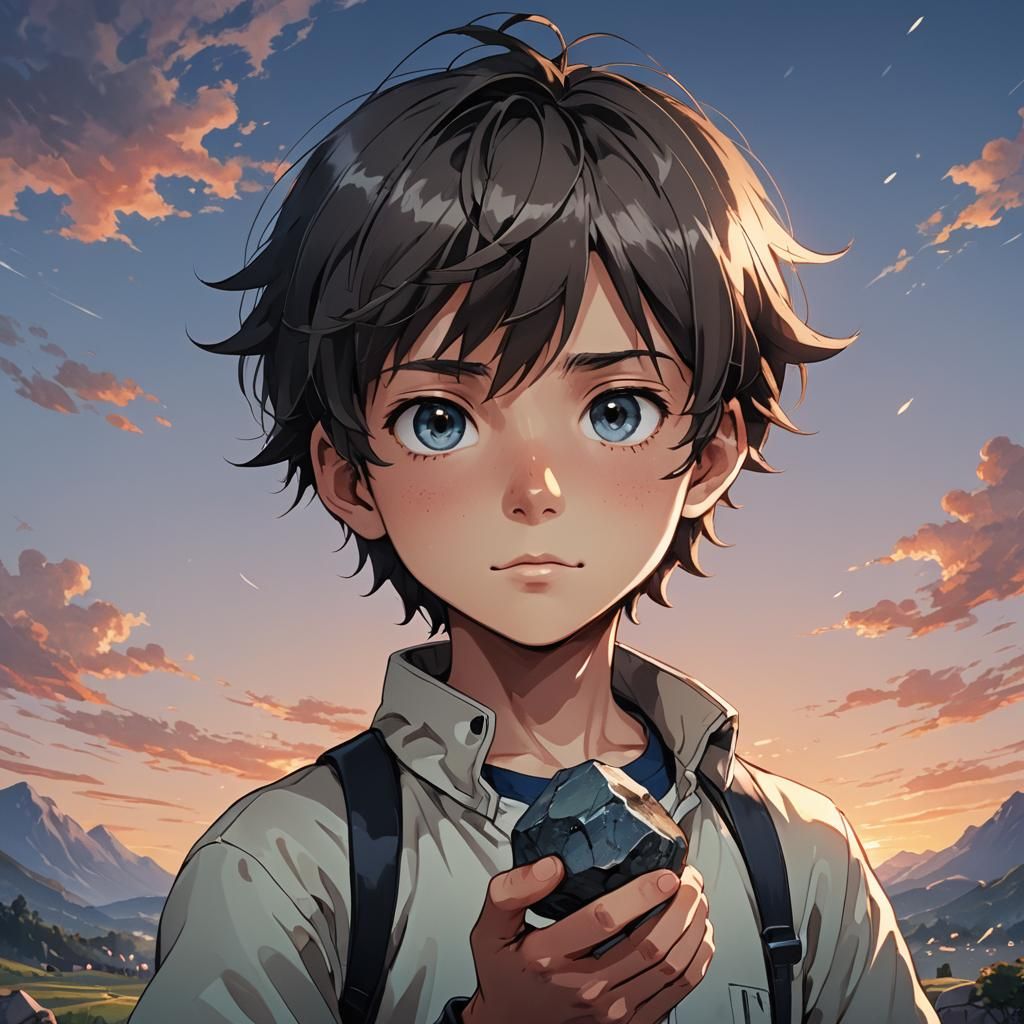 Anime Boy Portrait with Rock in Digital Art