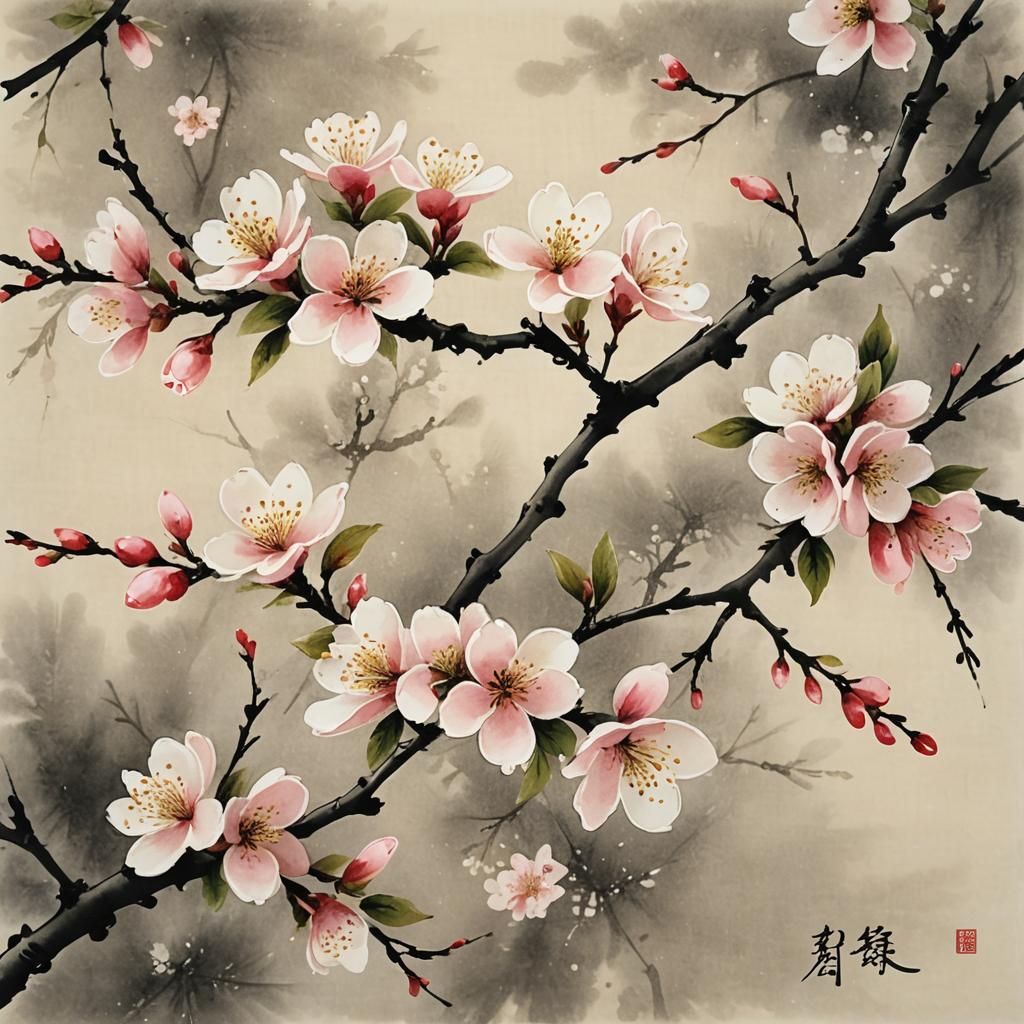 Chinese brush painting of a branch of apple blossoms