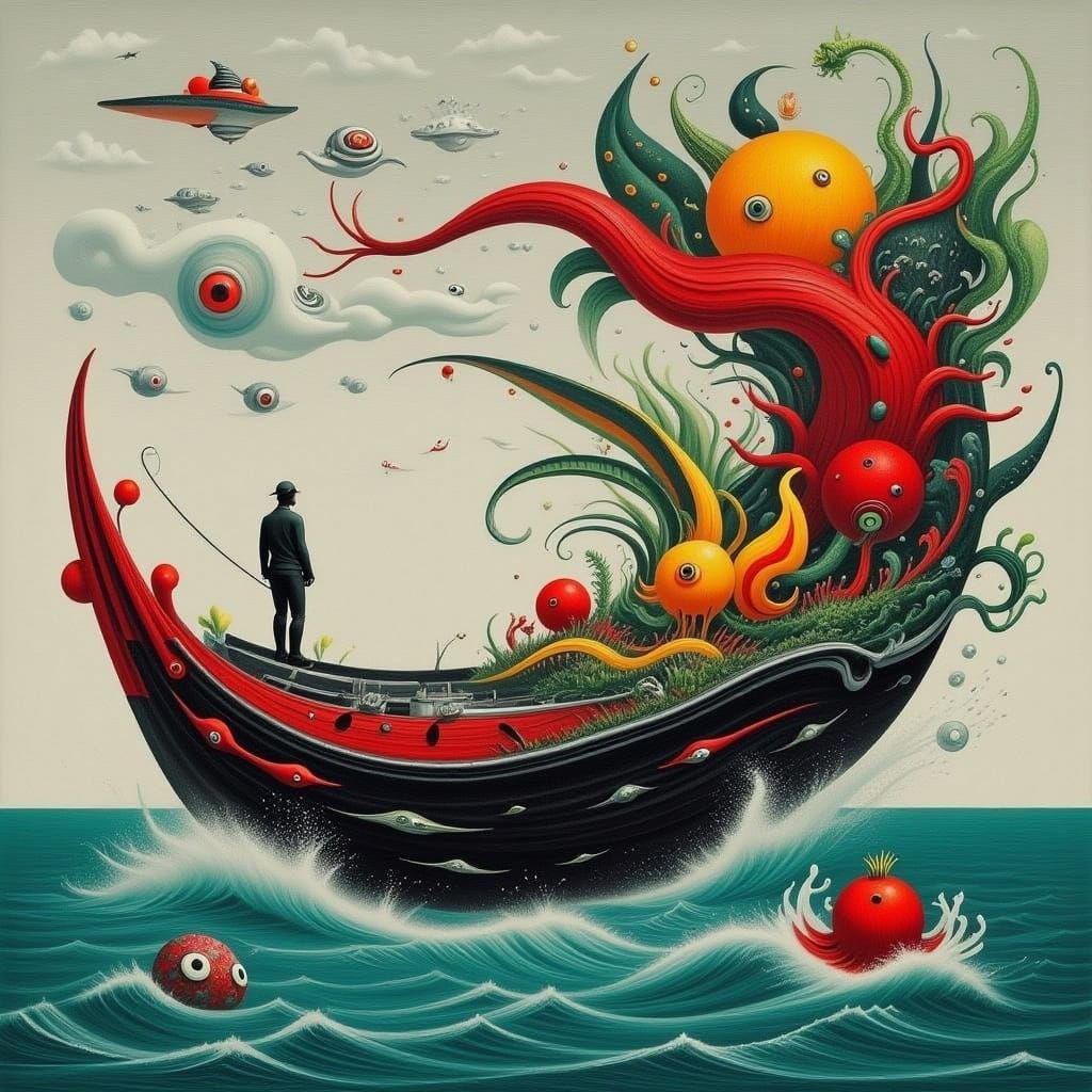 Fisherman Casting Net in Geometric Food Sea