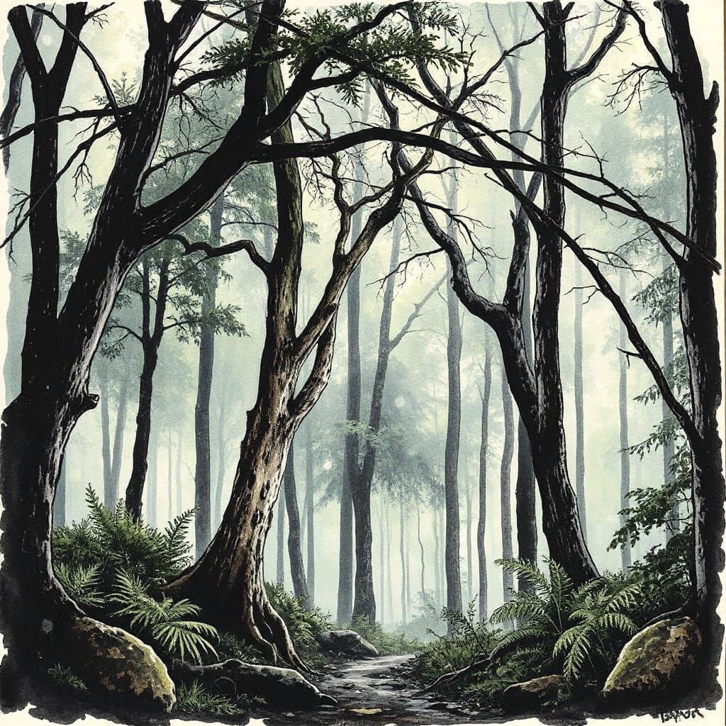 Surreal Ink Splatter Rainforest