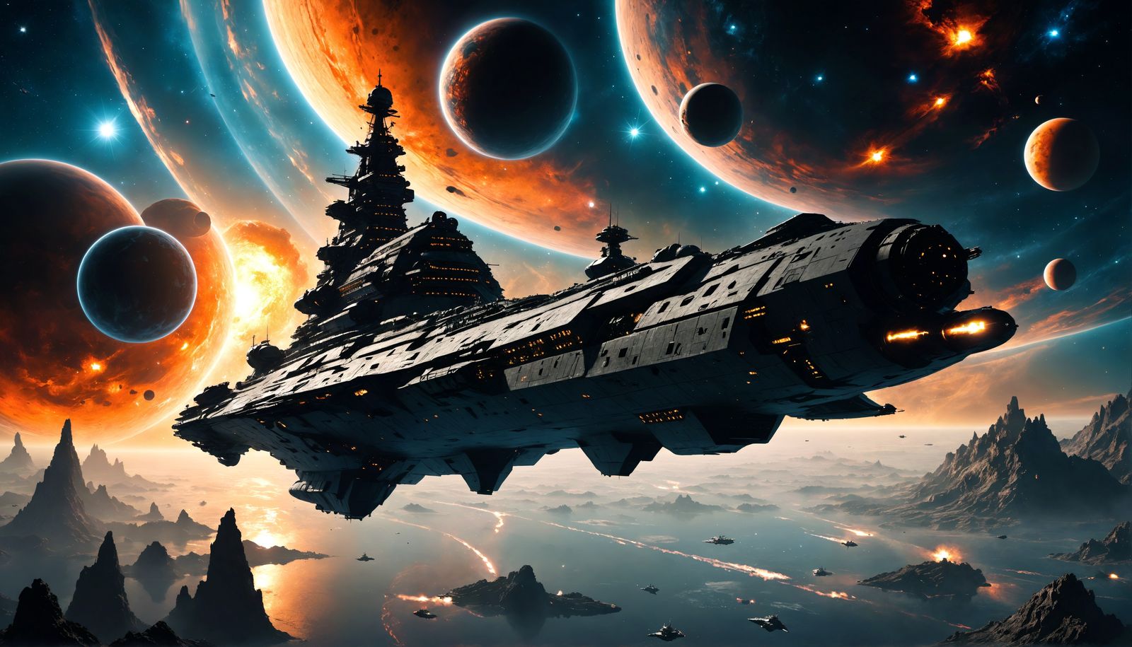 Space Battleship Cruises Toward Black Hole in Sci-Fi Style