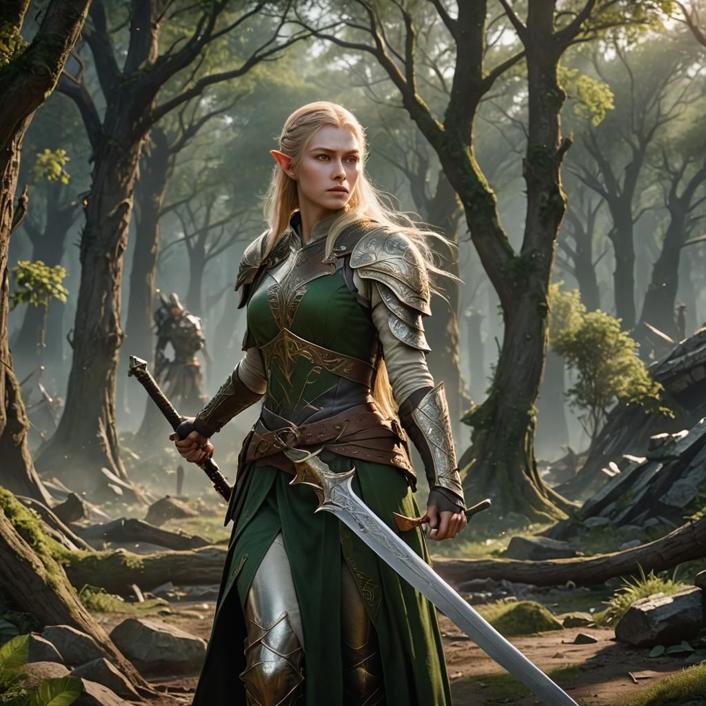 Elven Girl Warrior with Sword, Fantasy Art