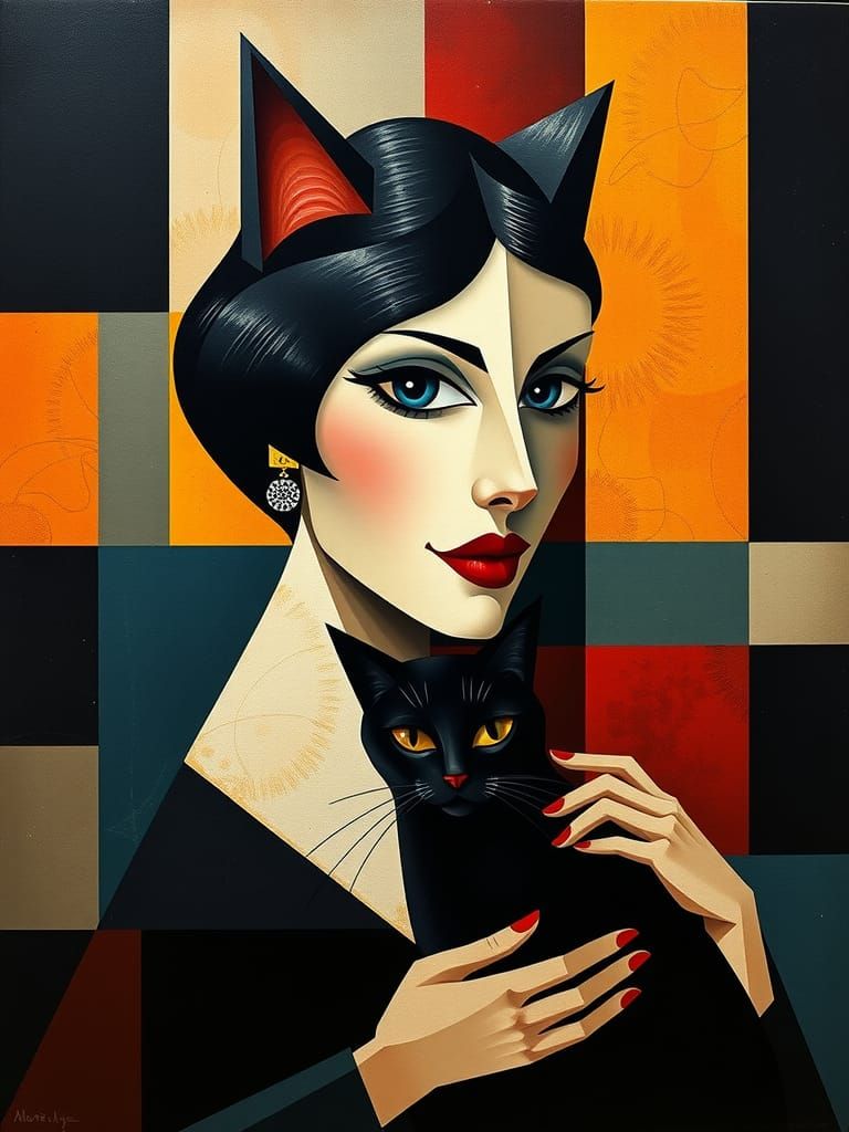 Cubist Portrait of Cat Lady with Black Cat