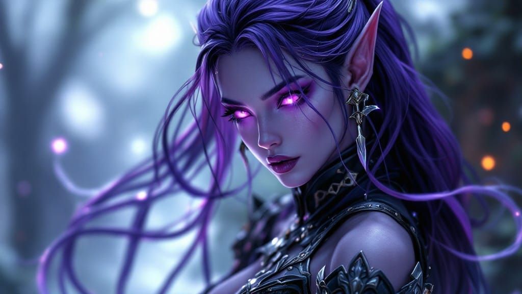 Violet Dark Elf Warrior in Cyberpunk Style