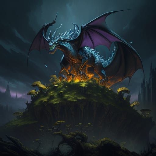 Ethereal Dragon Silhouette on Ruined Castle Wall