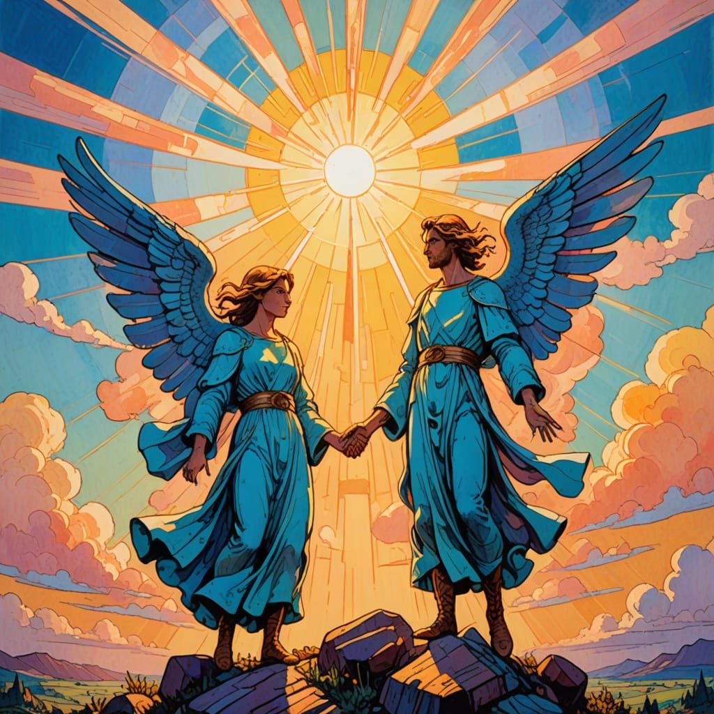 Archangels in Sun Rays Gouache Style